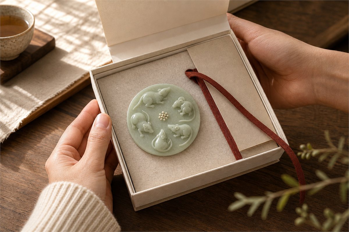 Green stone medallion with exactly five rat figures presented in a neutral gift box