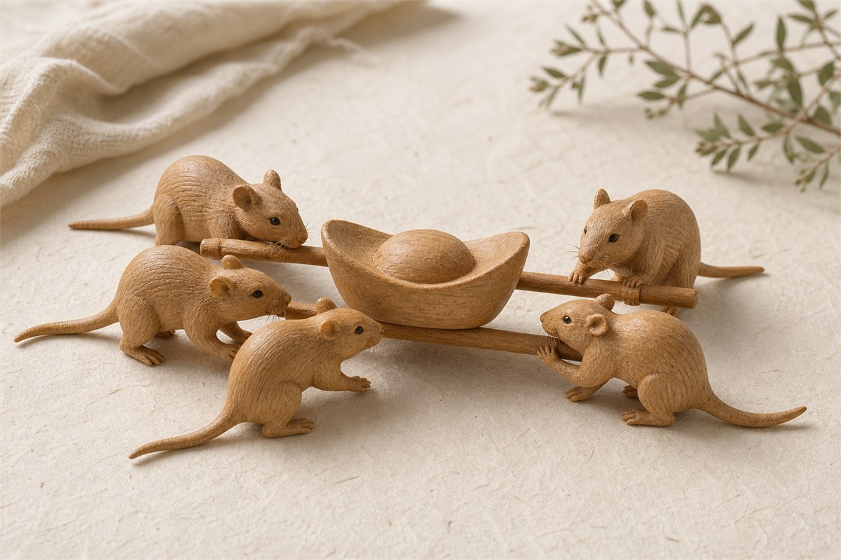 Wood carving of exactly five rats working together to carry a sycee-shaped ingot