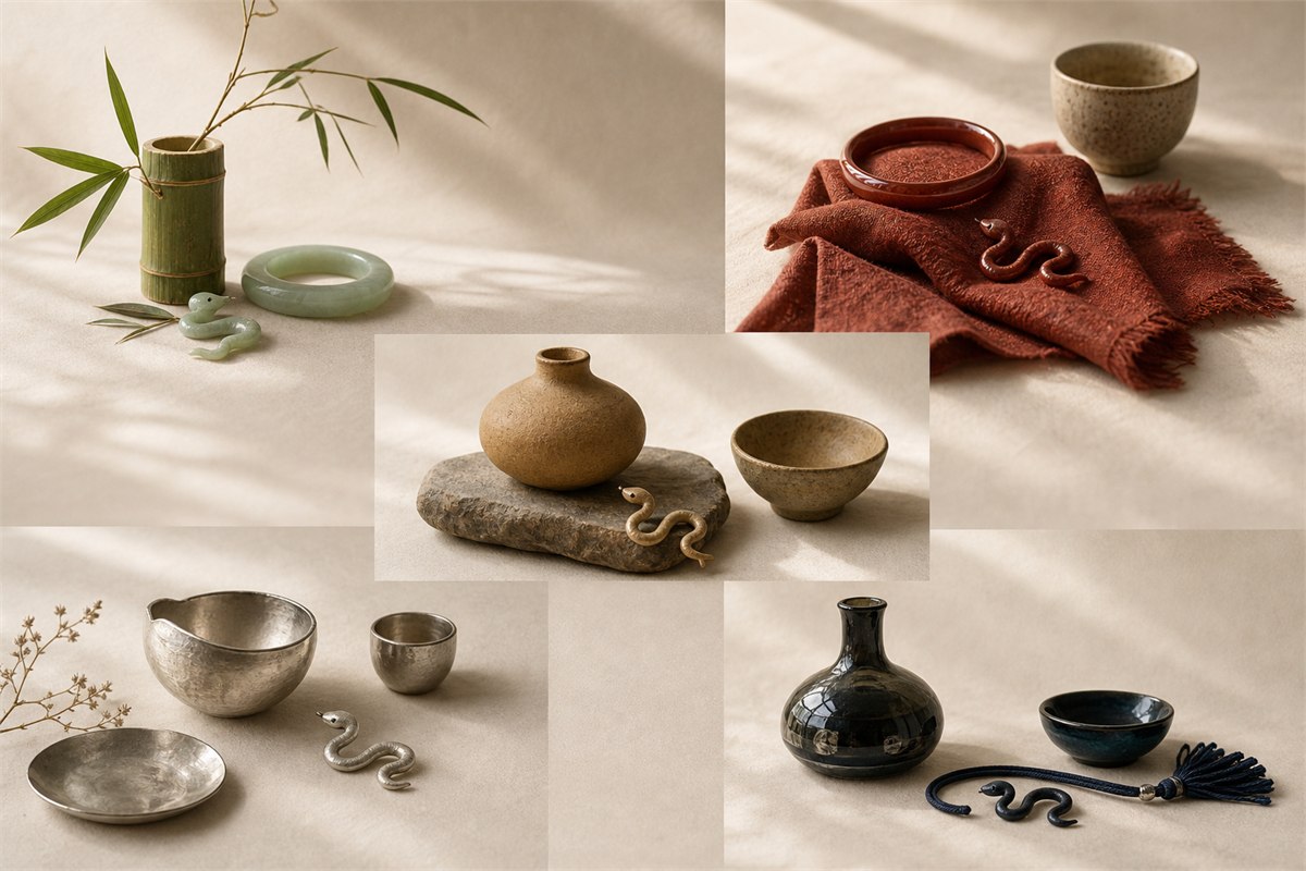 Five separate vignettes pair snake motifs with green, red, ochre, silver, and dark materials