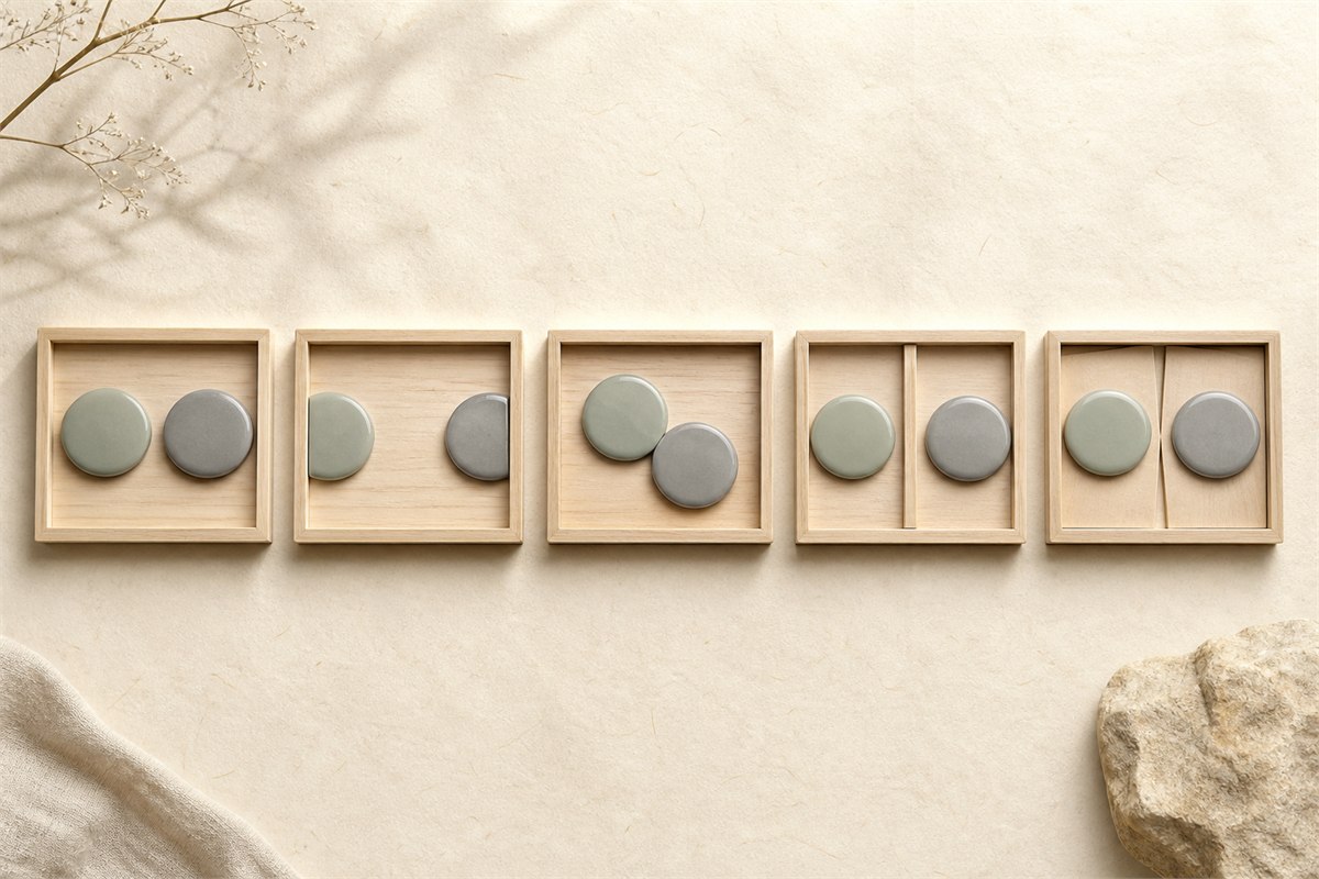 Five separate wooden trays holding paired ceramic discs in five different neutral arrangements