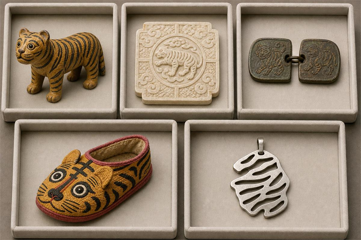 Five trays displaying a zodiac tiger, pale tiger plaque, tiger tally, tiger-head shoe, and metal tiger pendant