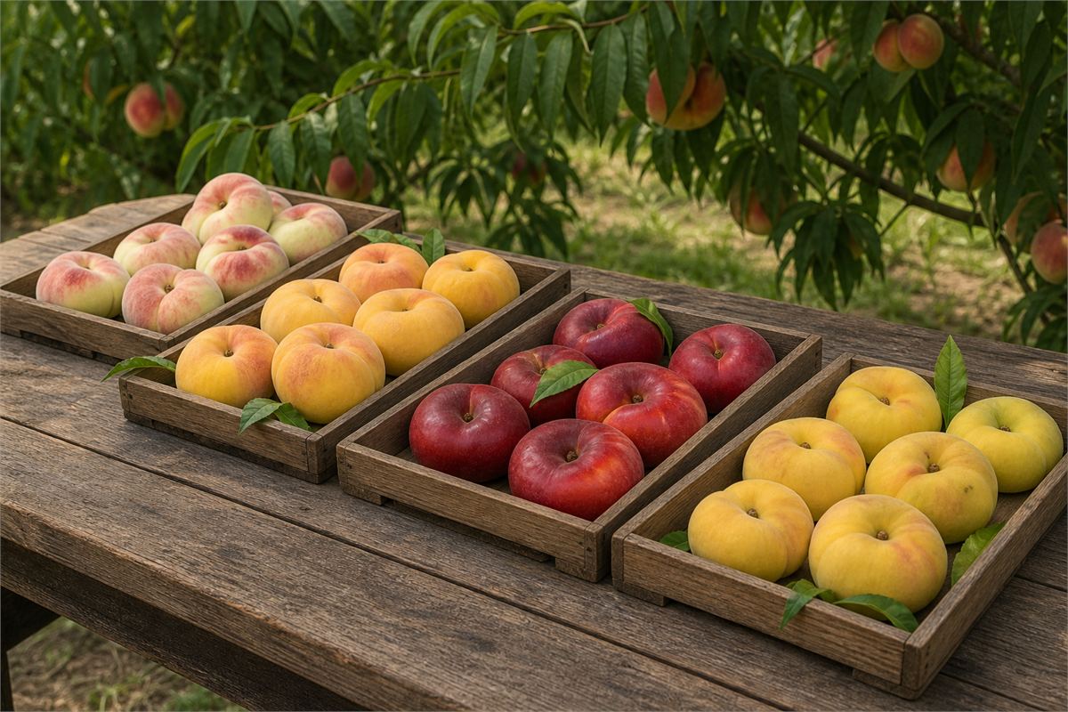 Four wooden orchard trays holding pale, yellow, red smooth-skinned, and late-season flat peaches