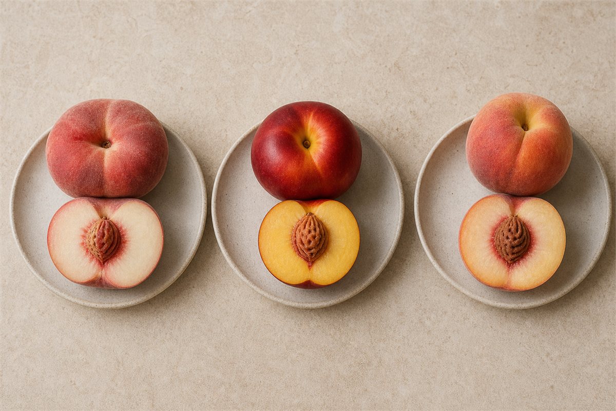 Three ceramic plates comparing a fuzzy white flat peach, smooth yellow flat nectarine, and round peach with cut halves