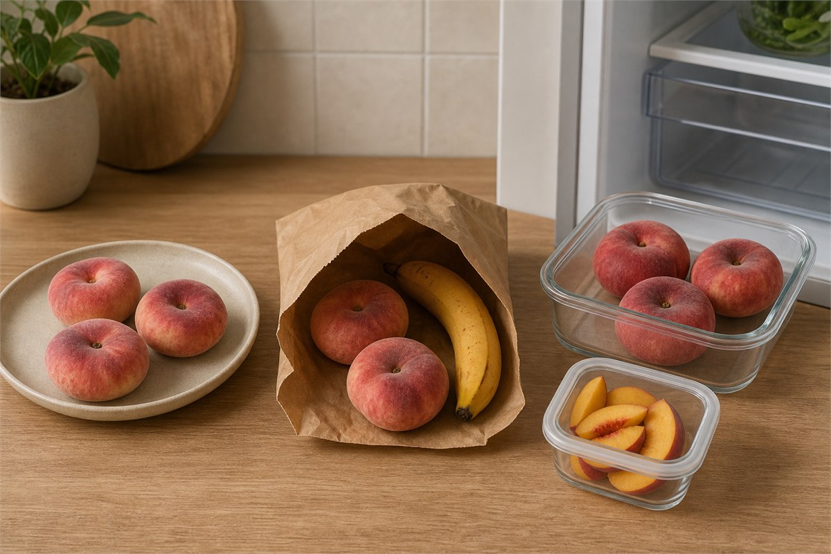 Flat peaches at room temperature, in a paper bag with a banana, and in refrigerator containers with covered cut slices