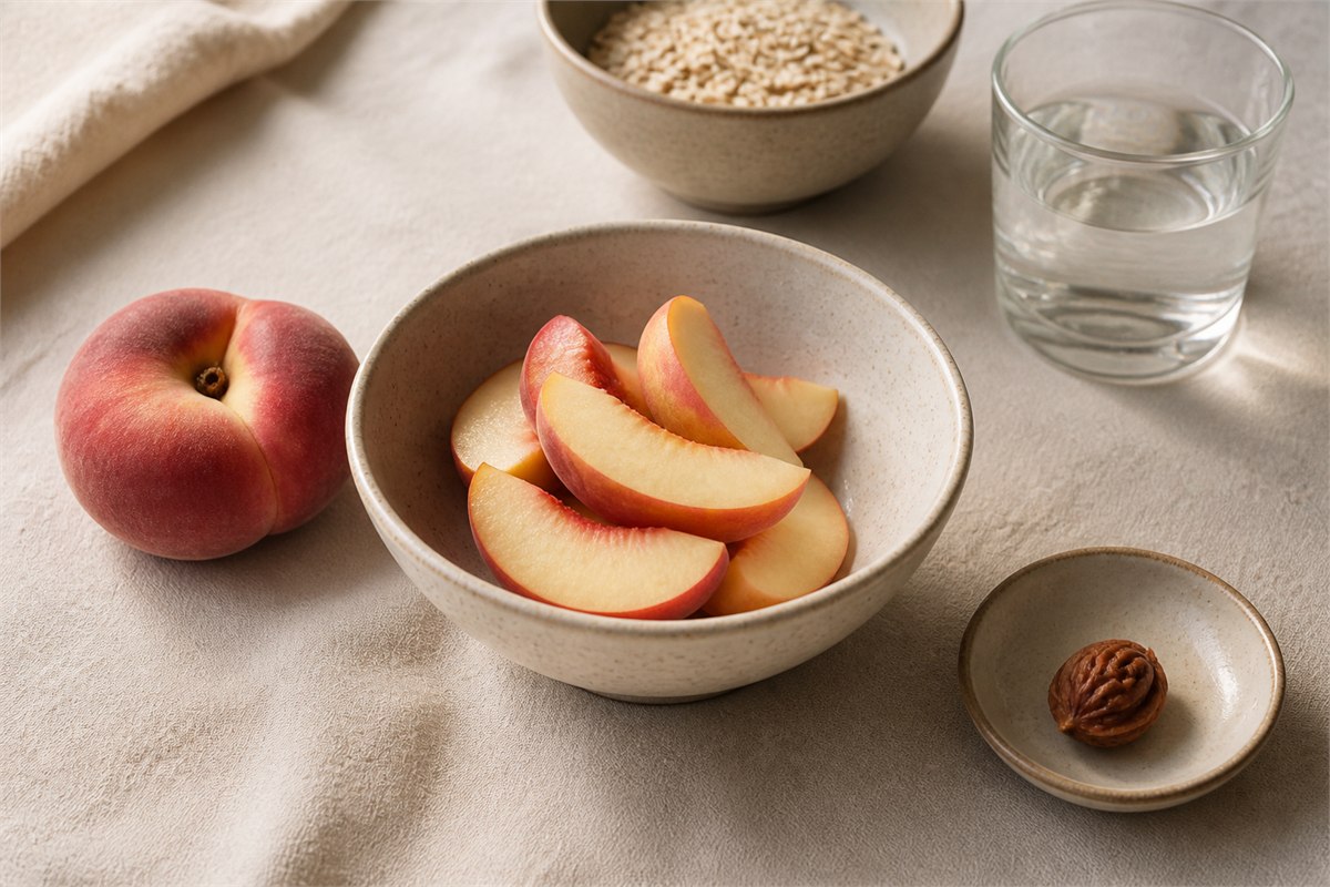 Bowl of sliced flat peach with a whole fruit, water, oats, and the hard peach stone on a separate small dish