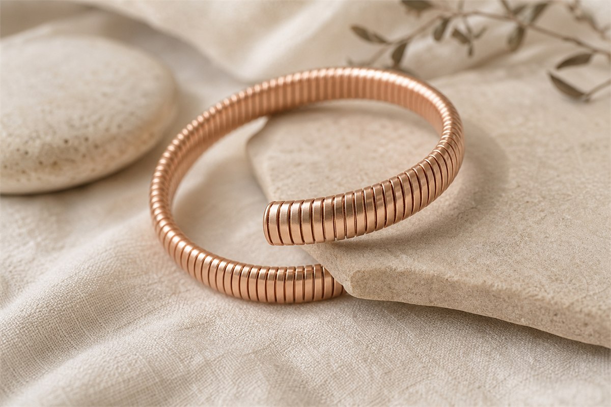 Macro view of a flexible rounded bracelet formed from tightly wrapped rose-gold-tone metal strips