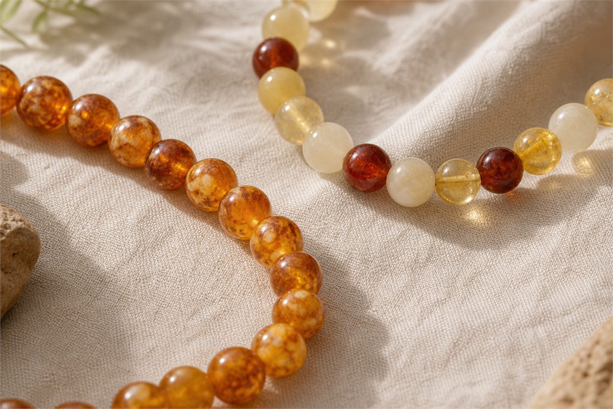 Round amber beads with cloudy mottling beside a mixed-color amber strand.