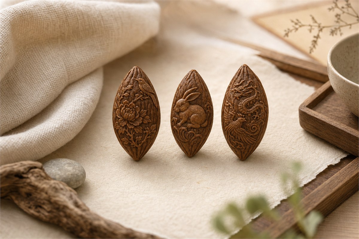 Olive-pit carvings of peony and bird, zodiac rabbit, and dragon-phoenix motif