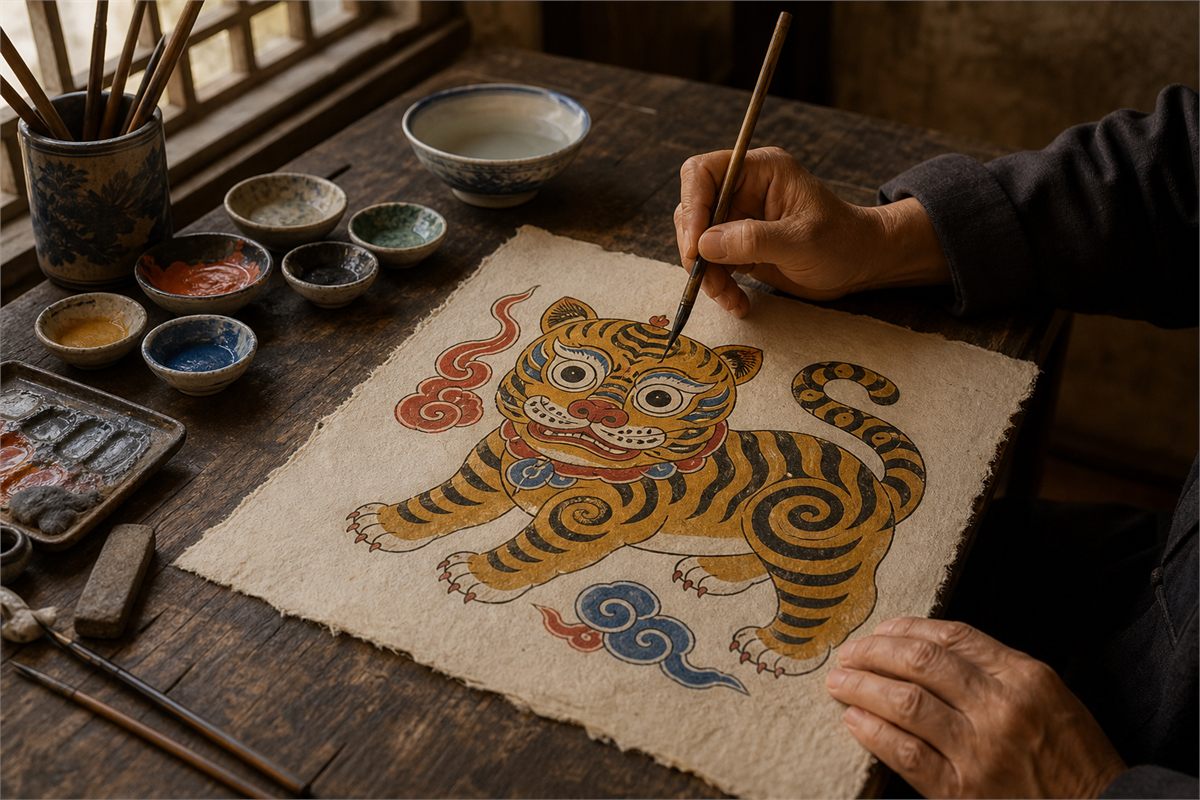 Adult artisan painting a stylized folk tiger on handmade paper