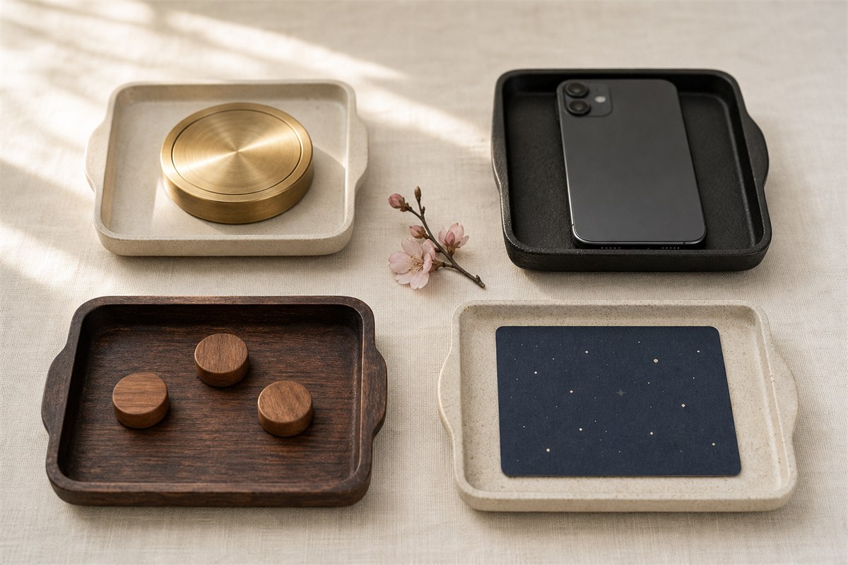 Four distinct groups of unmarked counters, a plain compass disk, a star map card, and a face-down phone on separate trays