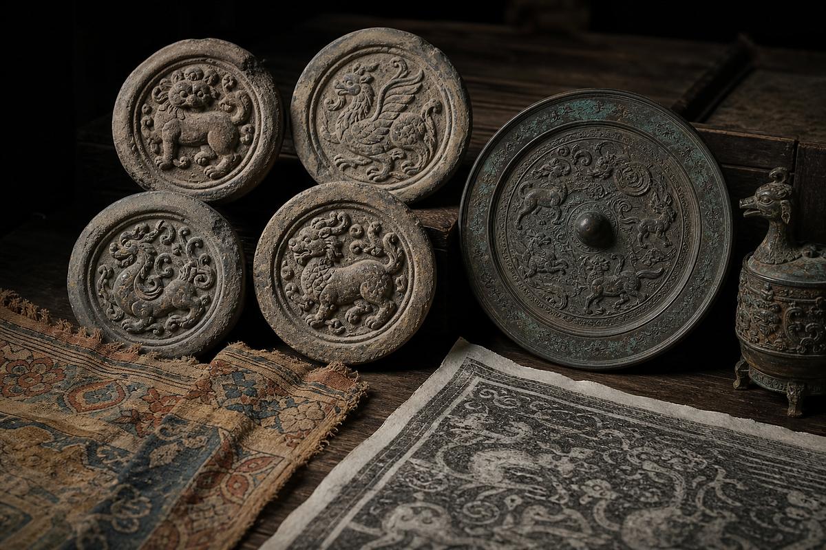 Four Symbols (四象) motifs on Four Gods roof tiles, bronze mirror, textile, and ritual objects