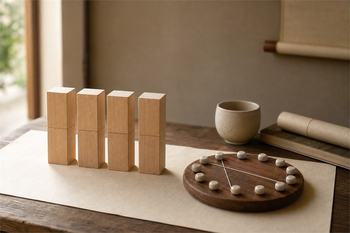 Four paired wooden pillar blocks beside a twelve-position branch model