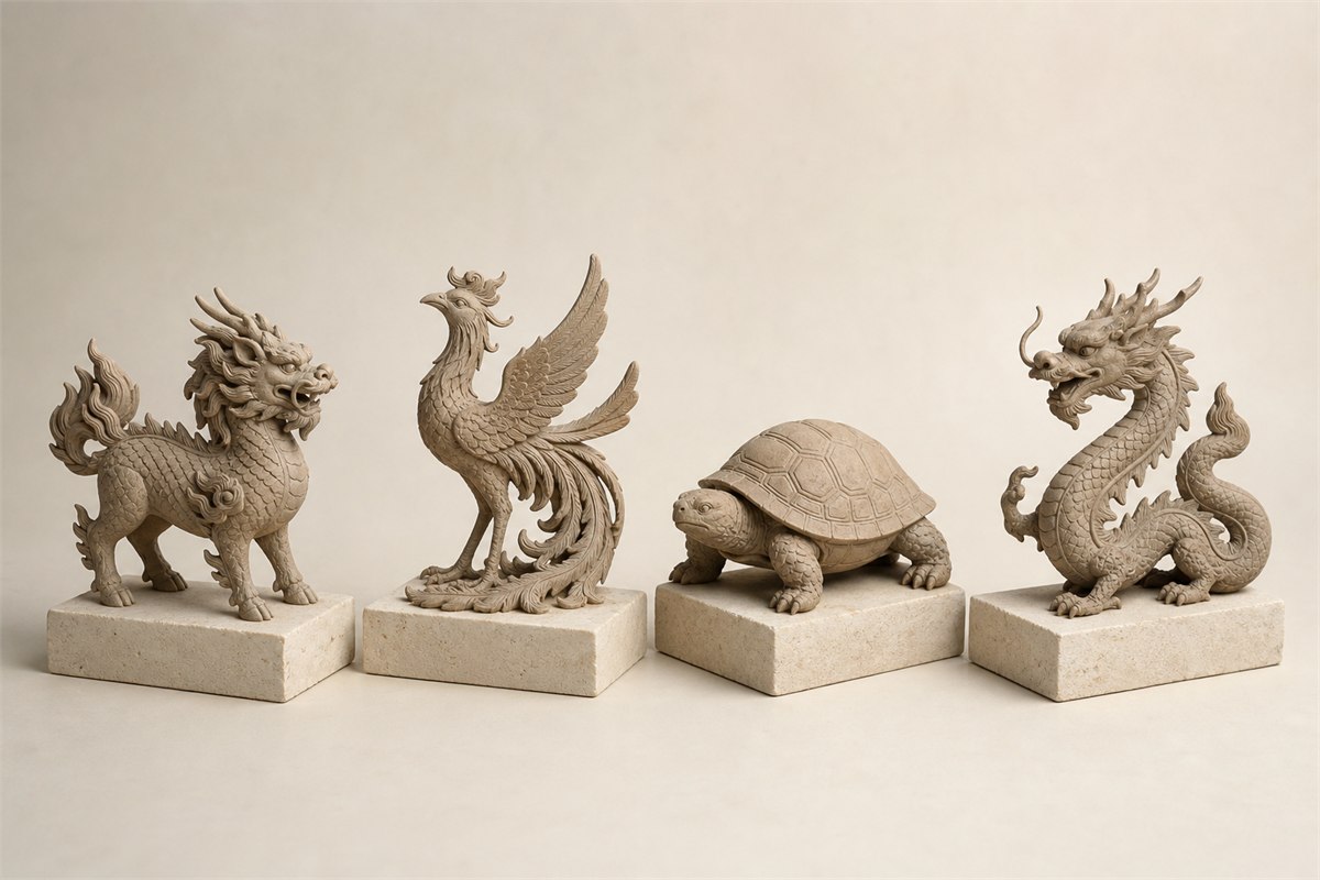 Equal-scale clay studies of a Qilin, phoenix, tortoise, and dragon on four plinths