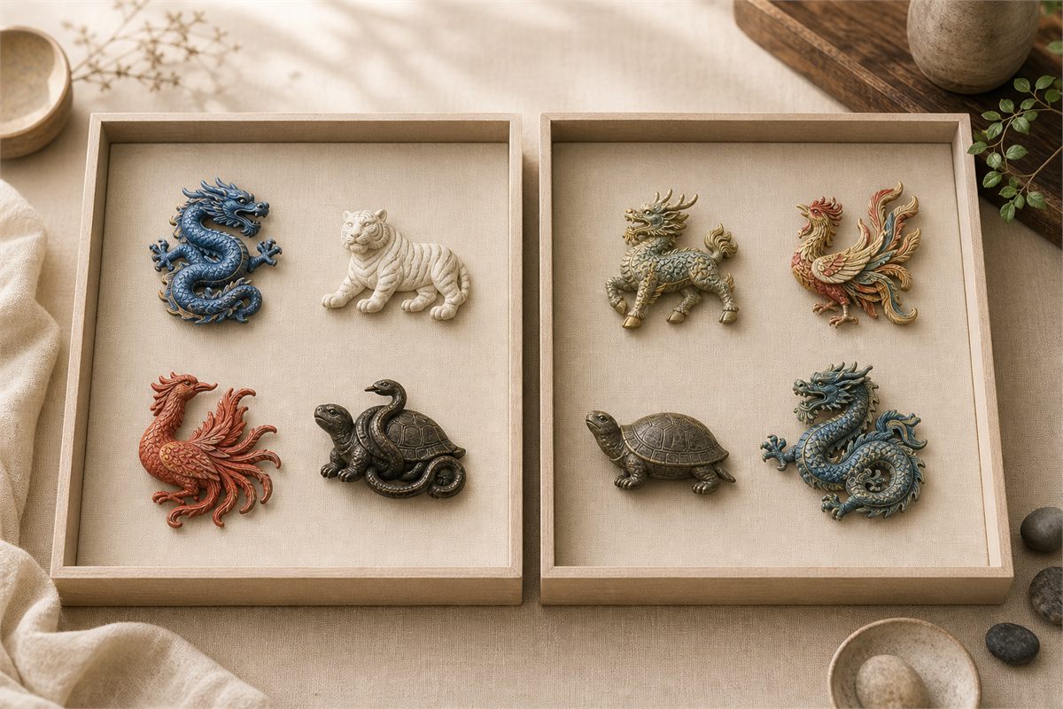 Two trays compare Four Symbols tokens with Qilin, Fenghuang, tortoise, and dragon motifs