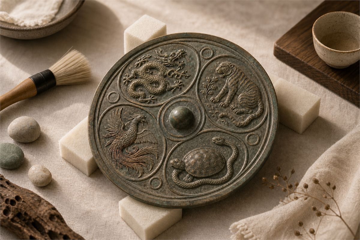 Aged bronze mirror with dragon, tiger, vermilion bird, and tortoise-snake reliefs on a conservation table