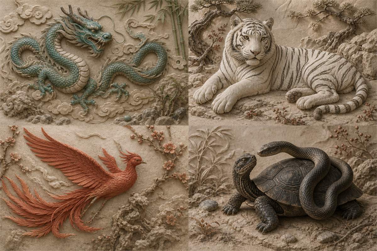 Azure dragon, white tiger, vermilion bird, and dark tortoise entwined with one snake in four panels