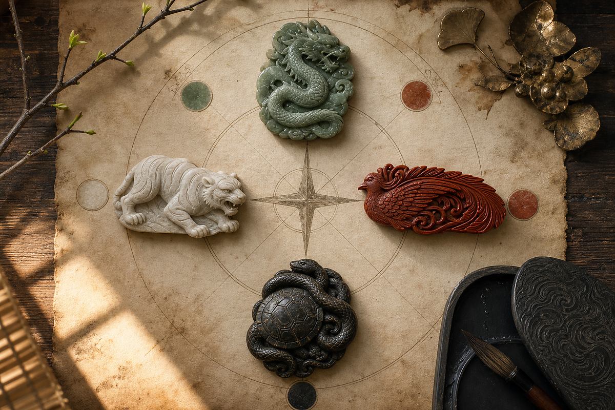 Four Symbols (四象) guardian objects showing directions, elements, seasons, and colors