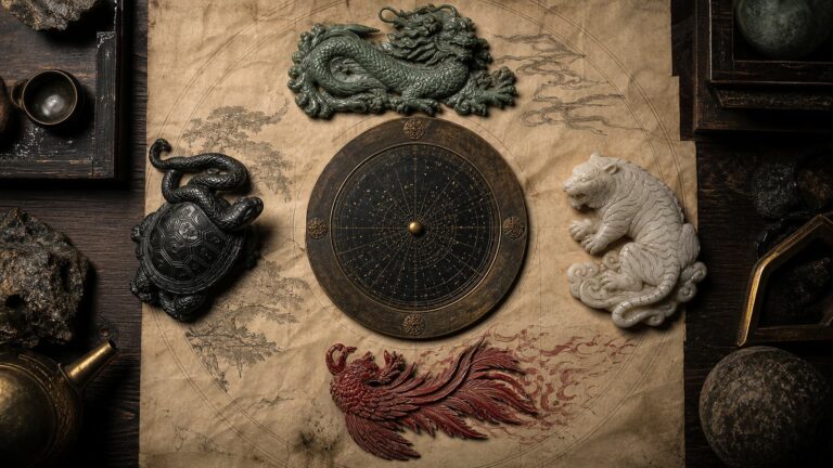 Four Symbols (四象) directional guardians arranged around an Eastern cosmology map