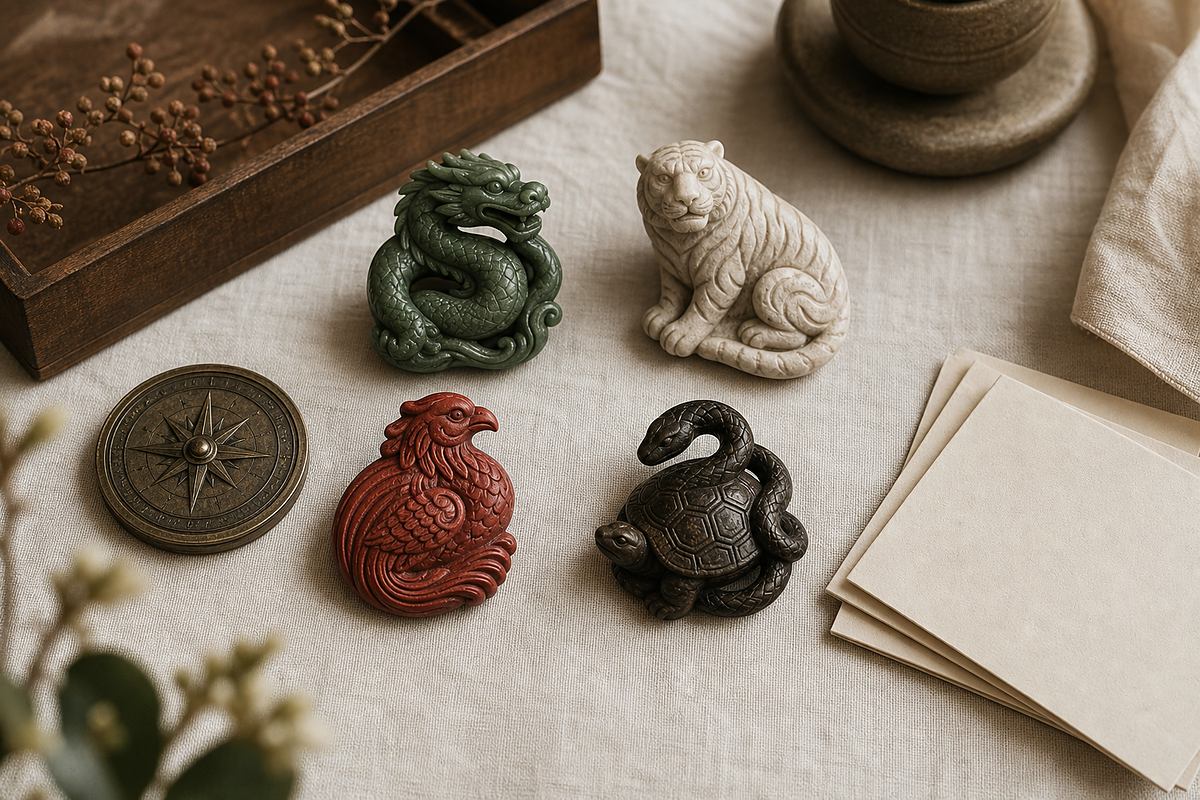 Four Symbols (四象) guardian charms arranged as a calm reference image before the FAQ