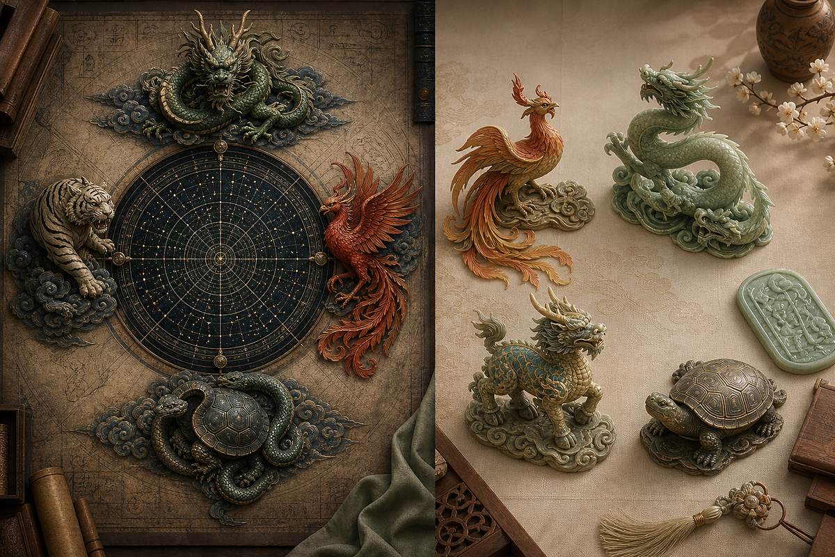 Four Symbols (四象) and Four Spirits (四灵) shown as cosmic guardians and auspicious creatures