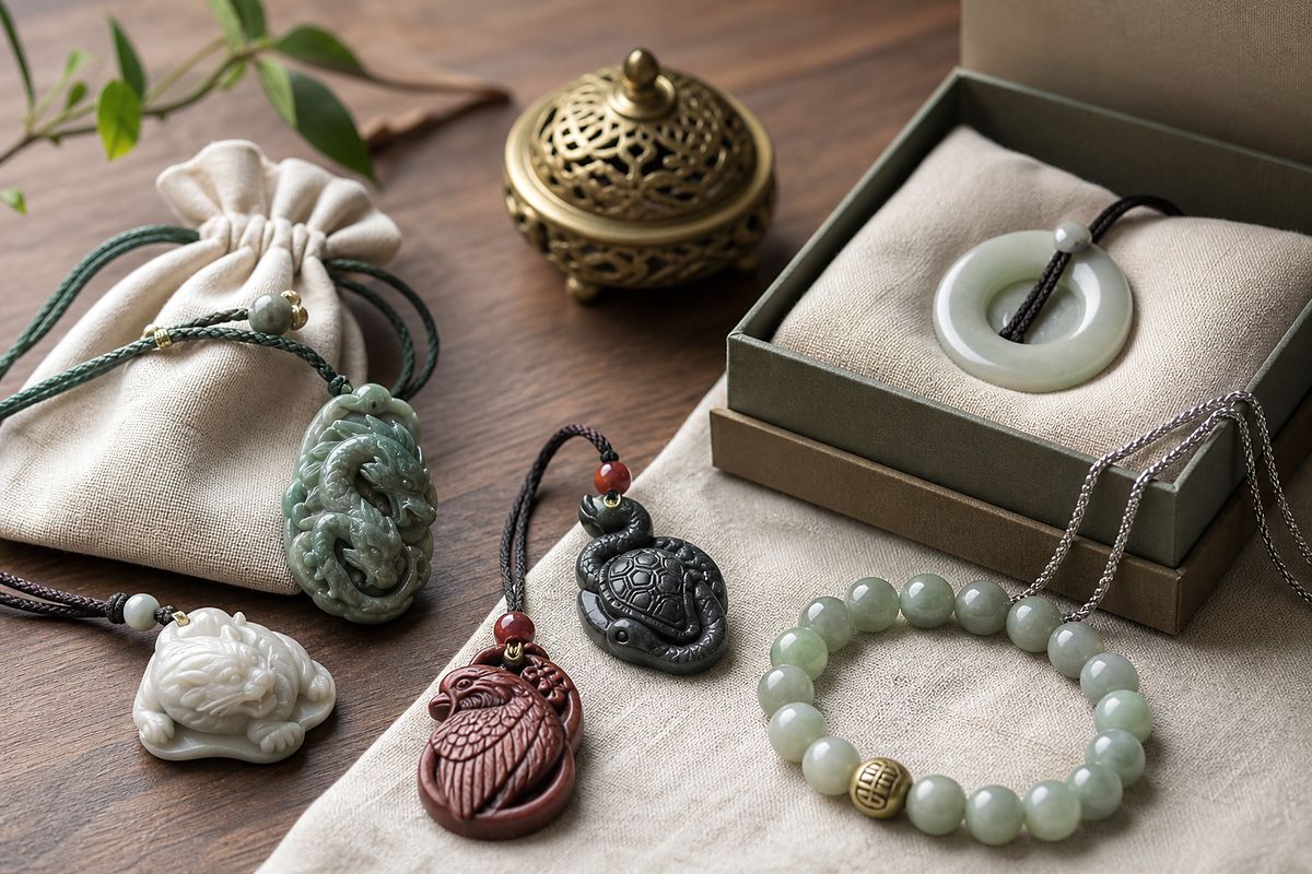 Four Symbols (四象) jade jewelry and guardian gift set in an Eastern style scene