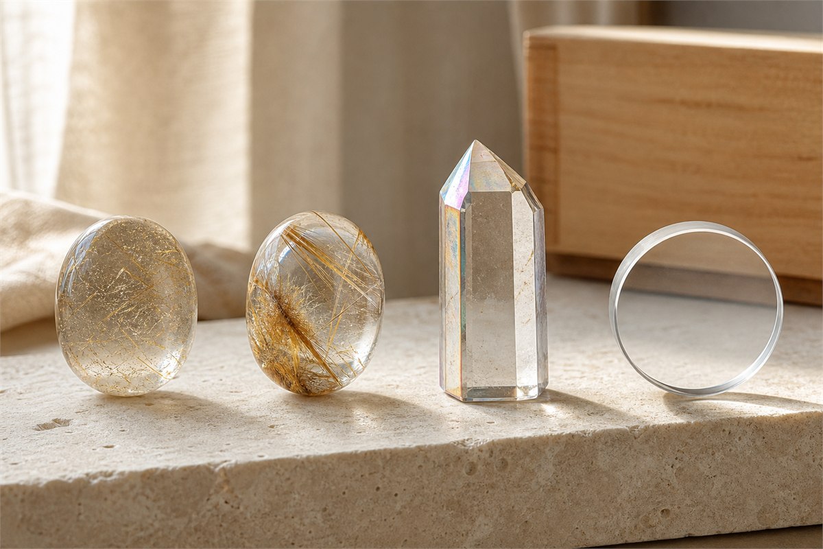 Fine rutilated quartz, coarse bundled inclusion quartz, coated quartz, and a colorless optical glass blank