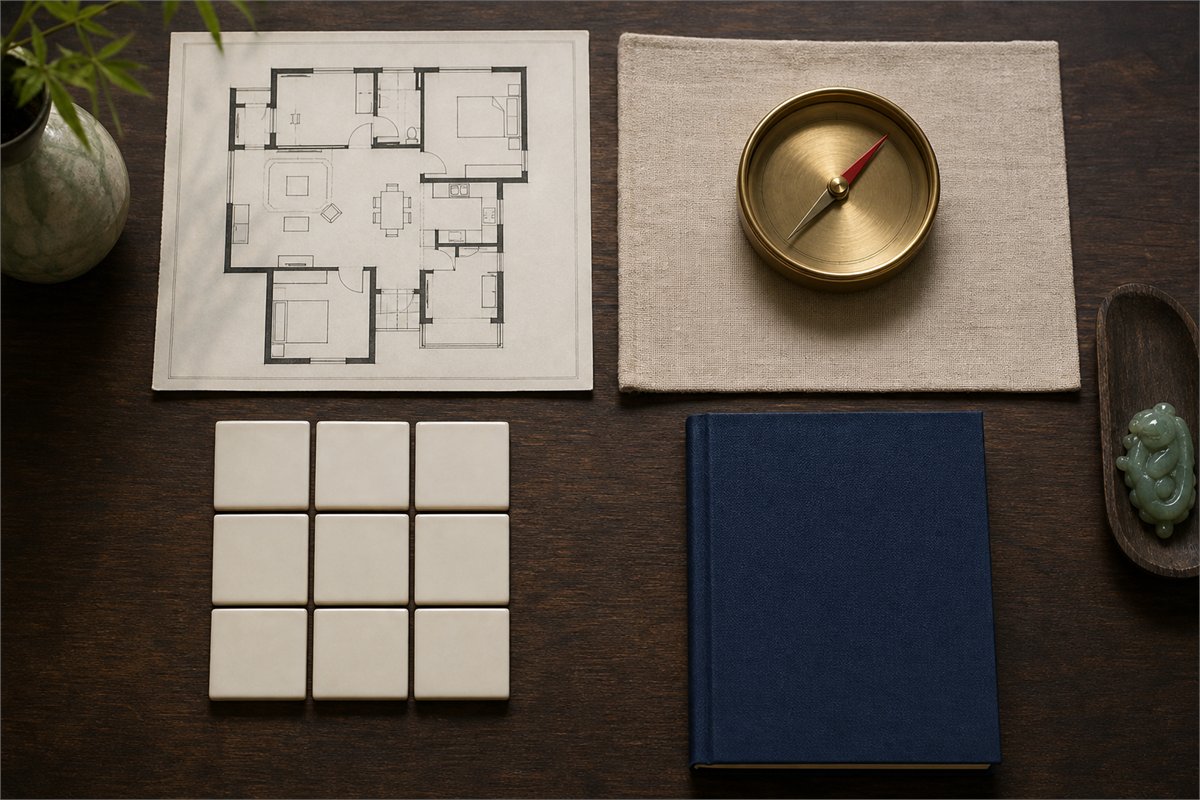 Overhead arrangement of a floor plan, plain needle compass, nine blank tiles, and a closed journal