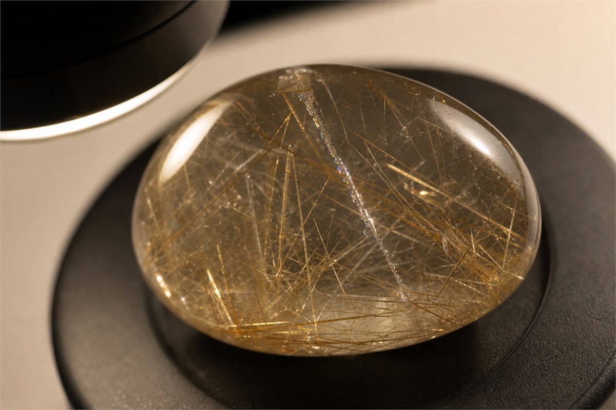 Magnified quartz cabochon with a surface-reaching fracture, subtle filler flash, and tiny bubbles inside the filled area