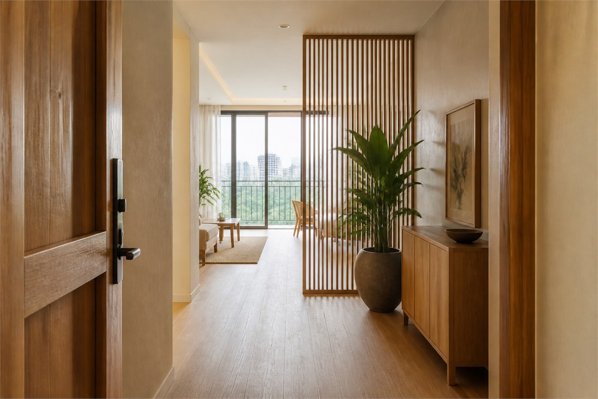 Front door aligned with a bright balcony window and softened by an open wood slat screen beside a clear walking route