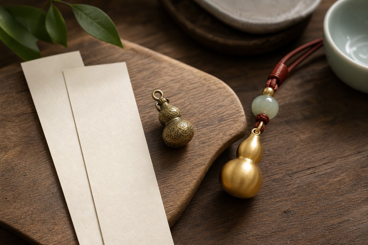 Soft gold hulu pendant, muted jade bead, blank paper slips, and red-brown cord on a wood surface