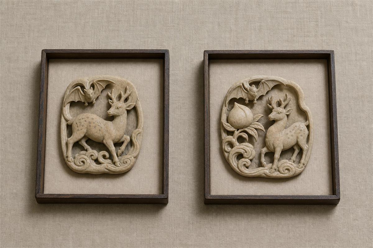 Two separate plaques comparing bat and deer with bat deer and peach