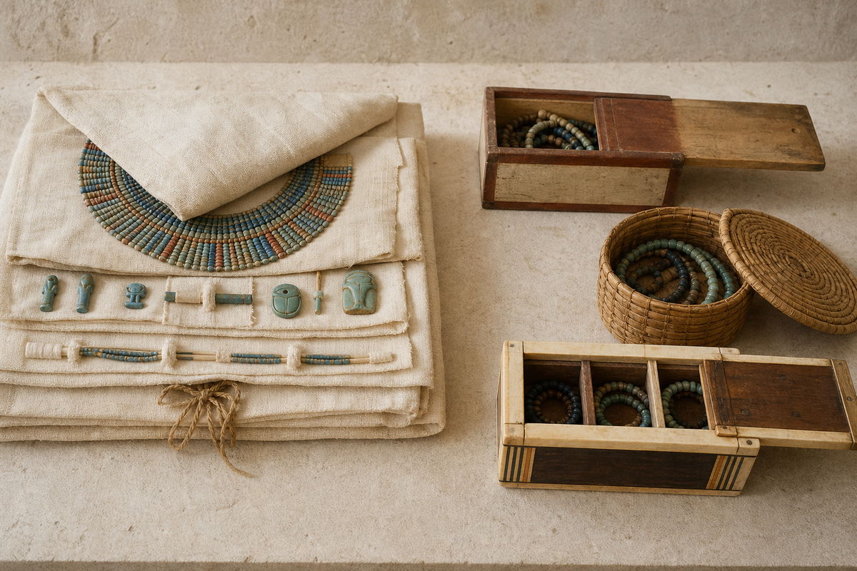 Bead collar and amulets arranged between linen layers beside plain wooden, woven reed, and compartmented boxes