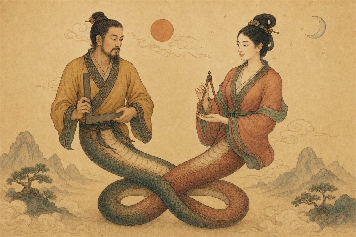 Modern scholarly illustration of Fuxi and Nüwa with human torsos, intertwined serpent lower bodies, square, and compass
