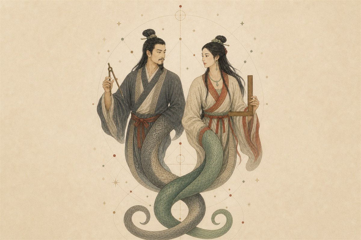 Modern editorial illustration of Fuxi and Nüwa with human upper bodies and intertwined serpent-like lower bodies