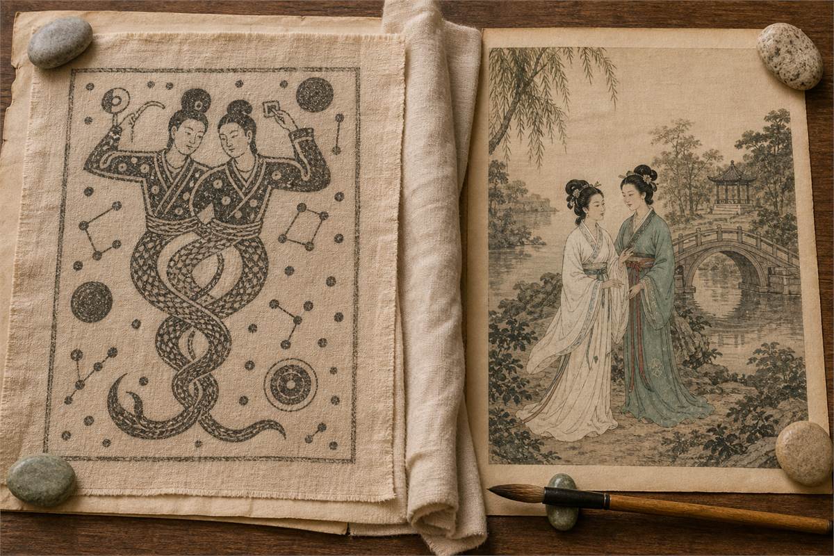 Intertwined human-serpent figures on textile beside a separate painting of two women near a bridge