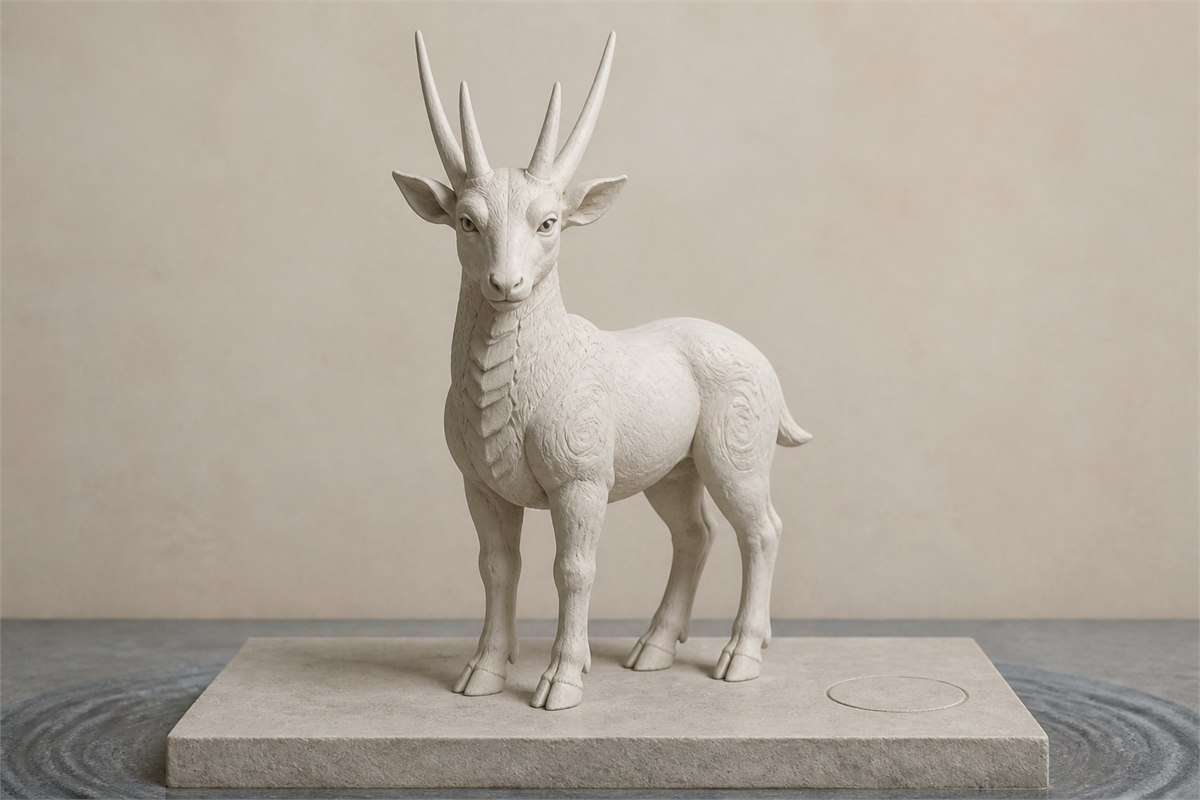 Front-facing white clay Fuzhu sculpture with exactly four separate horns on a neutral plinth