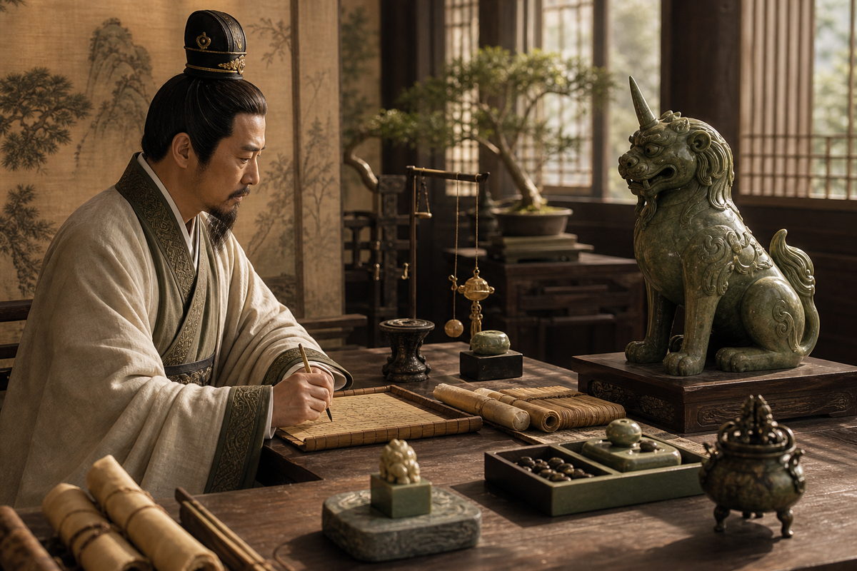 Gao Yao judgment scene with Xiezhi (獬豸), scrolls, seal, and balanced stones