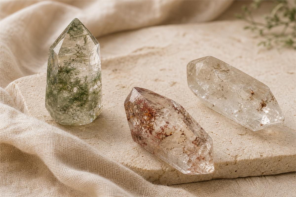 Three Garden Quartz specimens showing green chlorite, red and golden hematite, and reflective mica inclusions