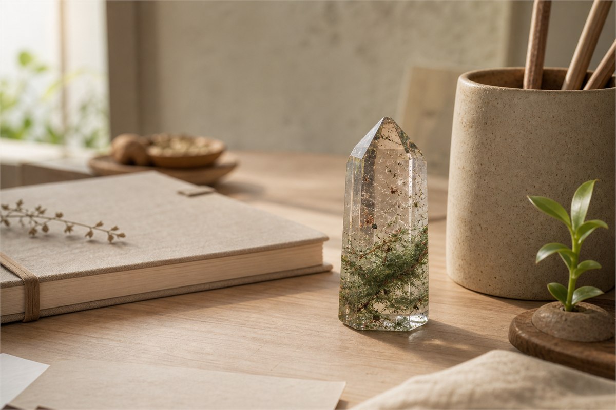 Garden Quartz specimen on a calm creative desk with natural paper, pencil, and soft plant shadow