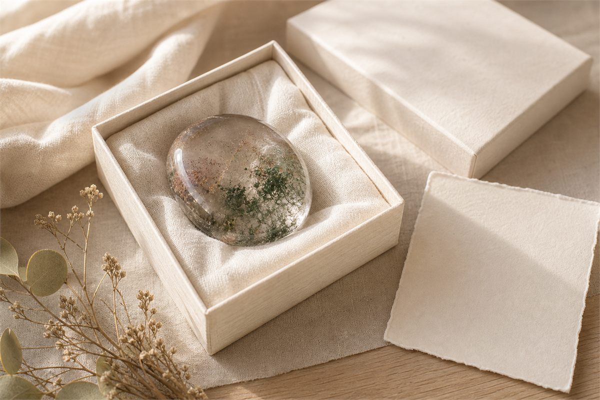 Polished Garden Quartz freeform presented in a restrained warm ivory linen gift box with a blank card