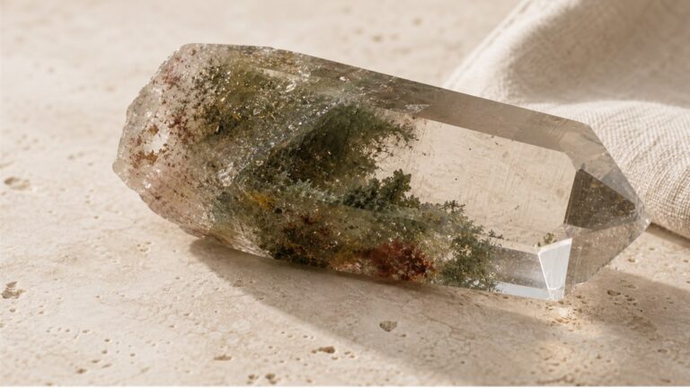 Transparent Garden Quartz crystal with natural green and rust-colored mineral inclusions forming a layered internal landscape