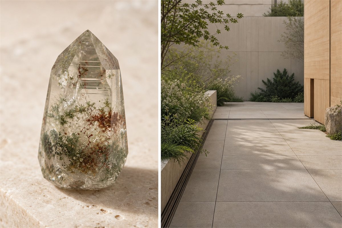 Natural included Garden Quartz crystal beside a separate view of opaque quartz tile paving in a modern courtyard