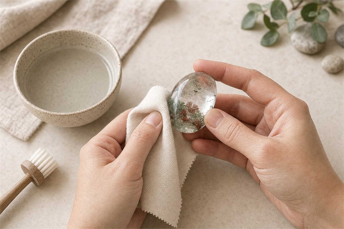Hands gently drying a Garden Quartz crystal with a soft cloth beside a shallow bowl of clean water