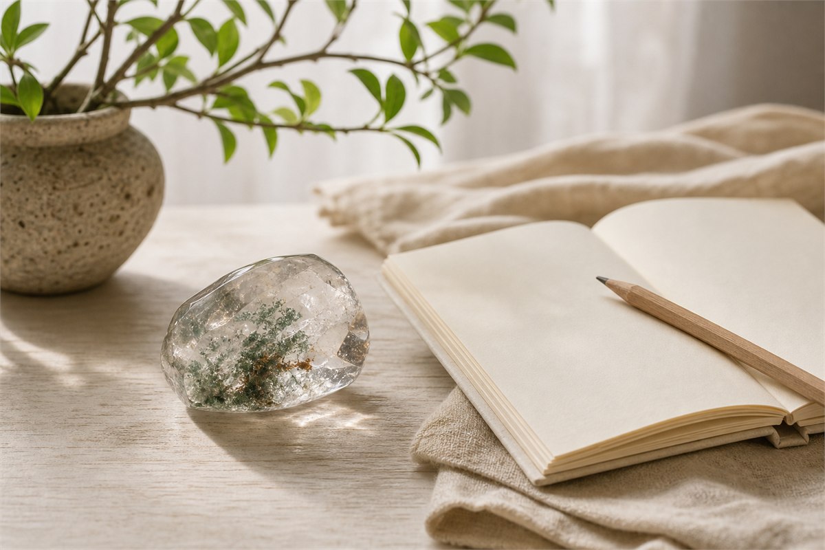 Garden Quartz crystal resting beside an open blank journal on warm linen in soft window light