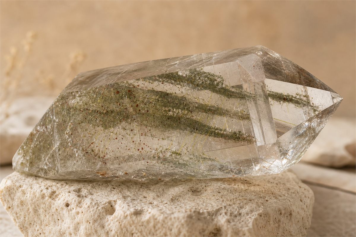 Macro view of transparent quartz growth zones enclosing natural green mineral veils, fine needles, and earthy particles
