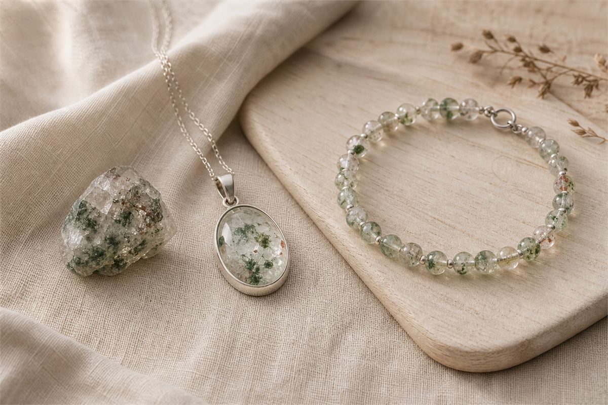 Garden Quartz raw point, polished pendant, and bead bracelet showing consistent natural mineral inclusions