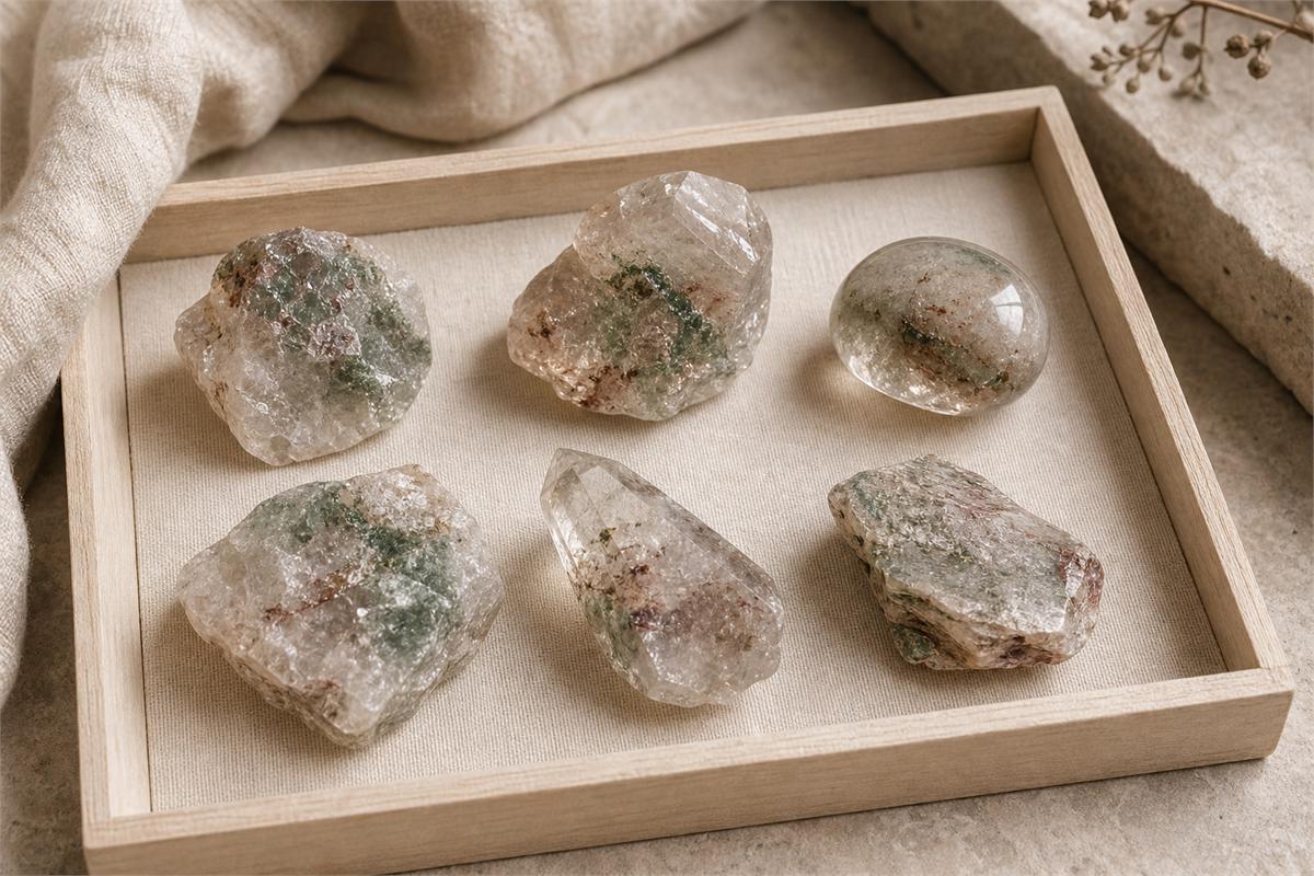 Varied rough, pointed, and polished Garden Quartz specimens arranged in a pale wood mineral collection tray