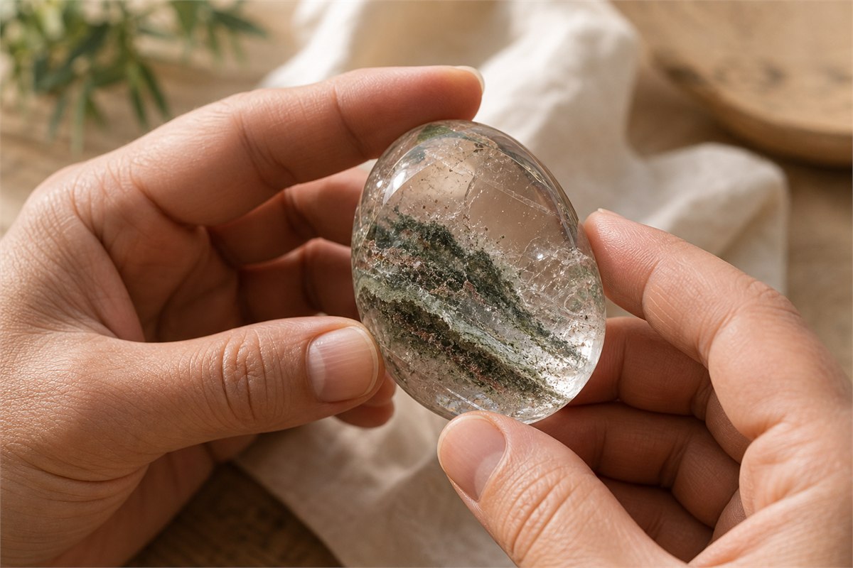 Hands rotating a Garden Quartz specimen in soft side light to examine layered inclusions and transparency