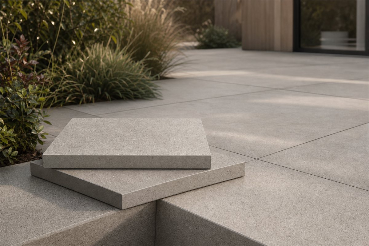 Opaque full-body quartz tile cut sample beside matching stone-look paving installed in an outdoor courtyard