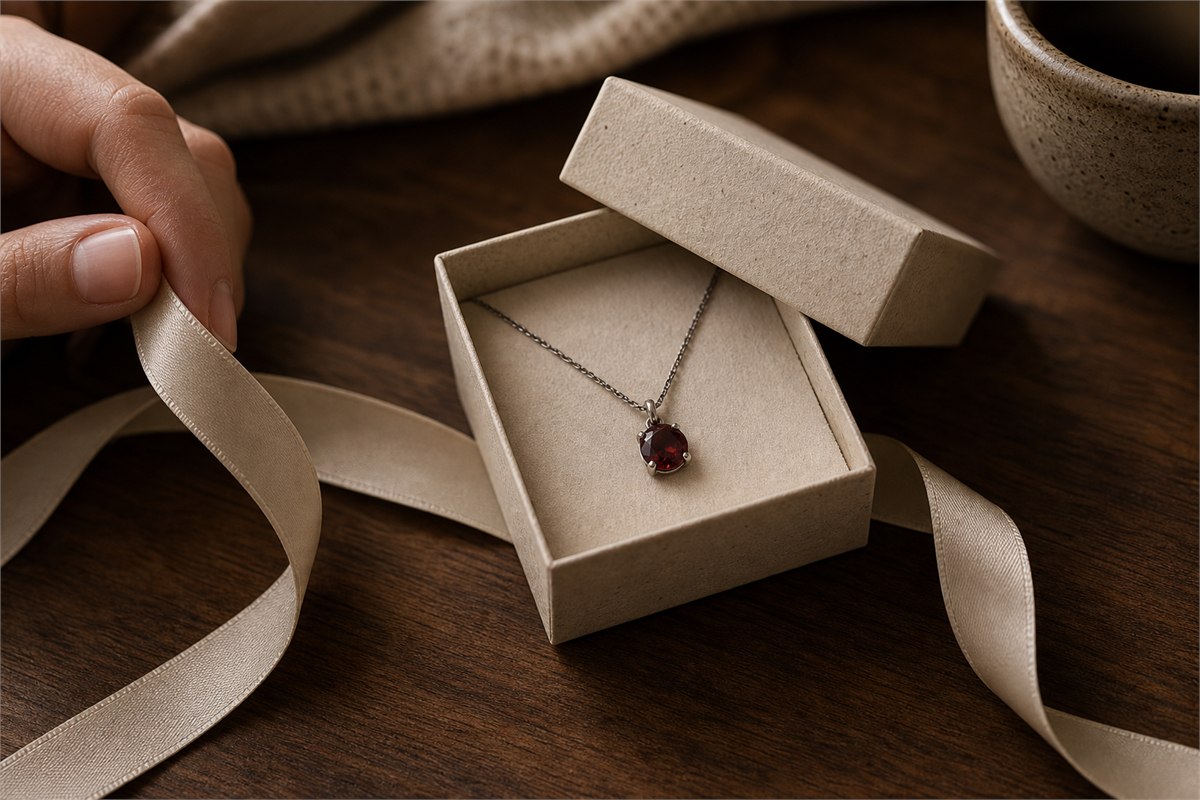 Deep wine-red garnet pendant in a neutral paper gift box with ivory ribbon